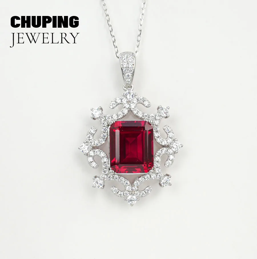 Фото Chu Ping Fine Jewelry Lab Рубин Розовый Сапфир Изумруд Восьмиугольная огранка 8*10 мм S925 Серебряный кулон Ожерелье Выделите Элегантность №1