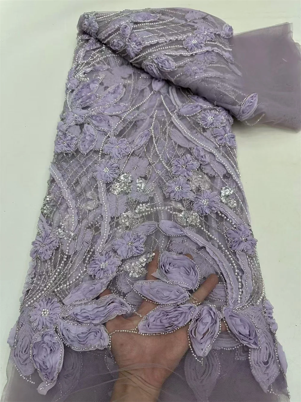 Роскошная кружевная ткань высокого качества с бисером 2024 темно-синяя блестками 5