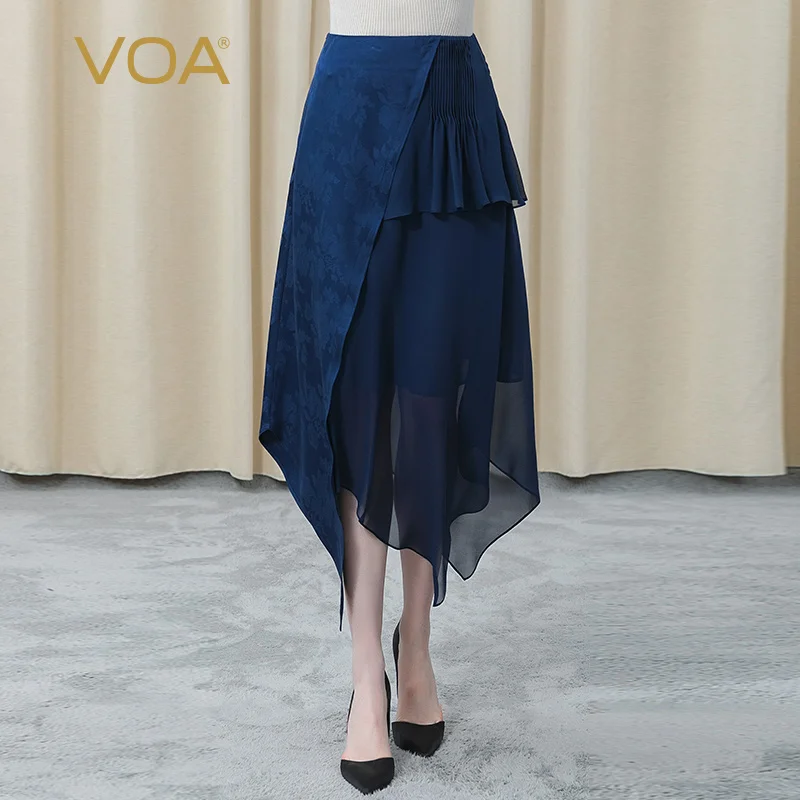 

VOA 100% Real Mulberry Silk Jacquard Stitching Georgette Asymmetric Three-dimensional Decoration Refreshing Elegant Skirt CE78