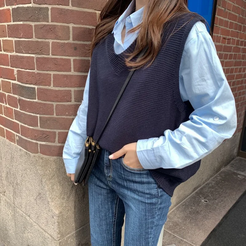 Loose Knitted Sweater Women's Vest Spring Autumn 2022 V-Neck Knit Women Vests Winter Pullover Sweaters Tops 10974 | Женская одежда