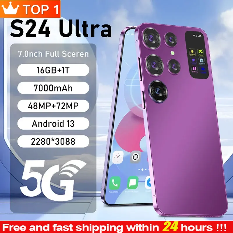 

S24 Ultra Mobile Phones Unlocked 7.0 Inch 16GB+1TB 48MP+72MP Smartphone 5G Android Cellphone 4G Dual Sim Card Global Telephone