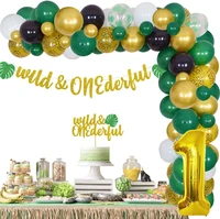 funmemoir wild jungle theme 1st birthday party decoration green balloons garland arch kit wild and onederful banner cake topper