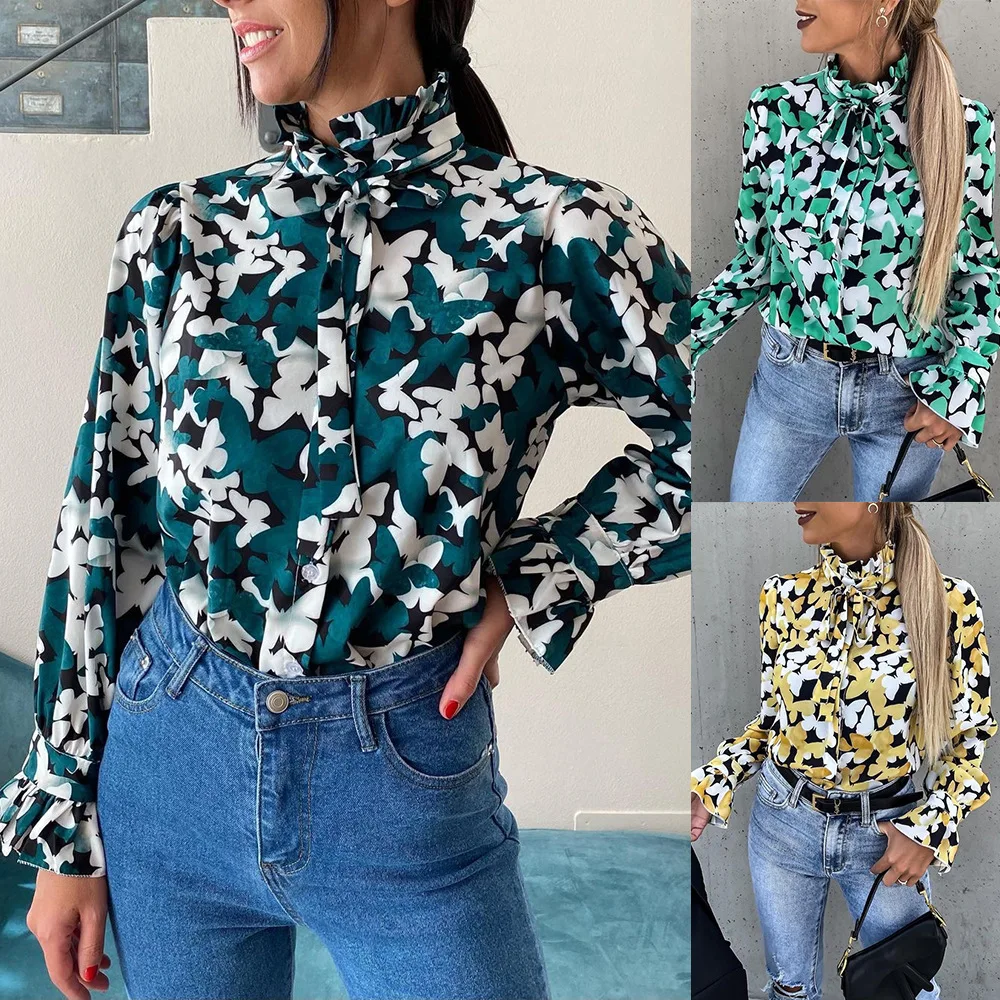 

Women's Blouse 2022 Spring Fashion Ruffle Print Long Sleeve Loose Button Up Shirt Female High Neck Lace Up Office Casual Tops