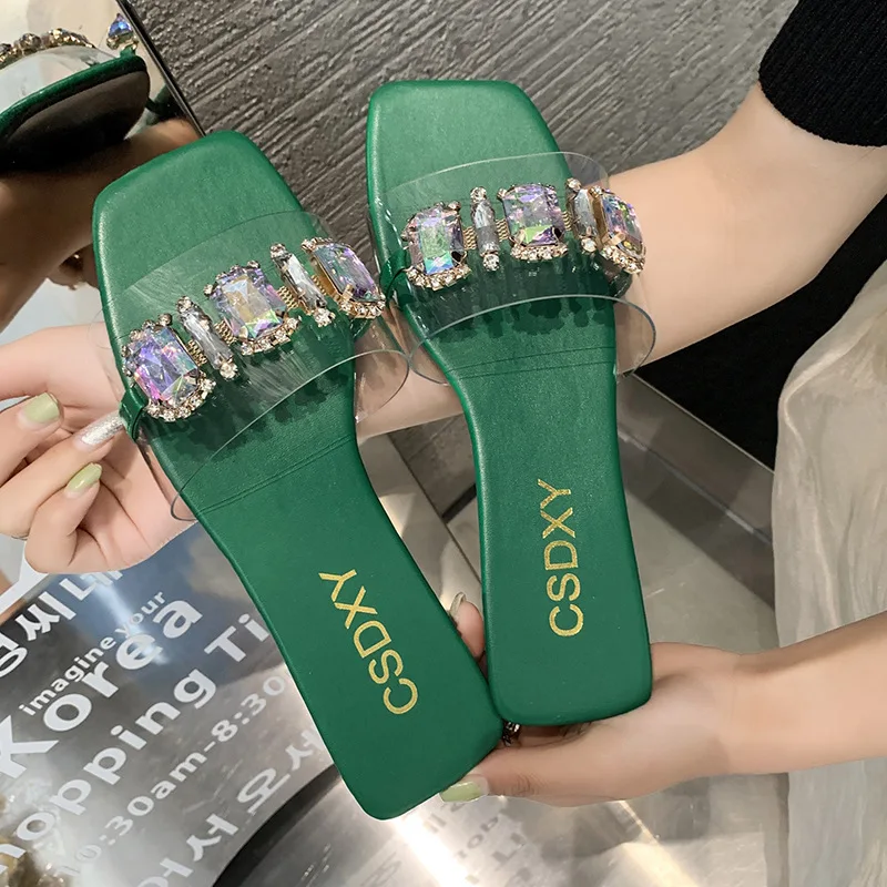 

New Women's Casual Slippers Fashion Rhinestone Transparent Beach Sandals Solid Color Outdoor Non-slip Beach Shoes Chinelo Nuvem