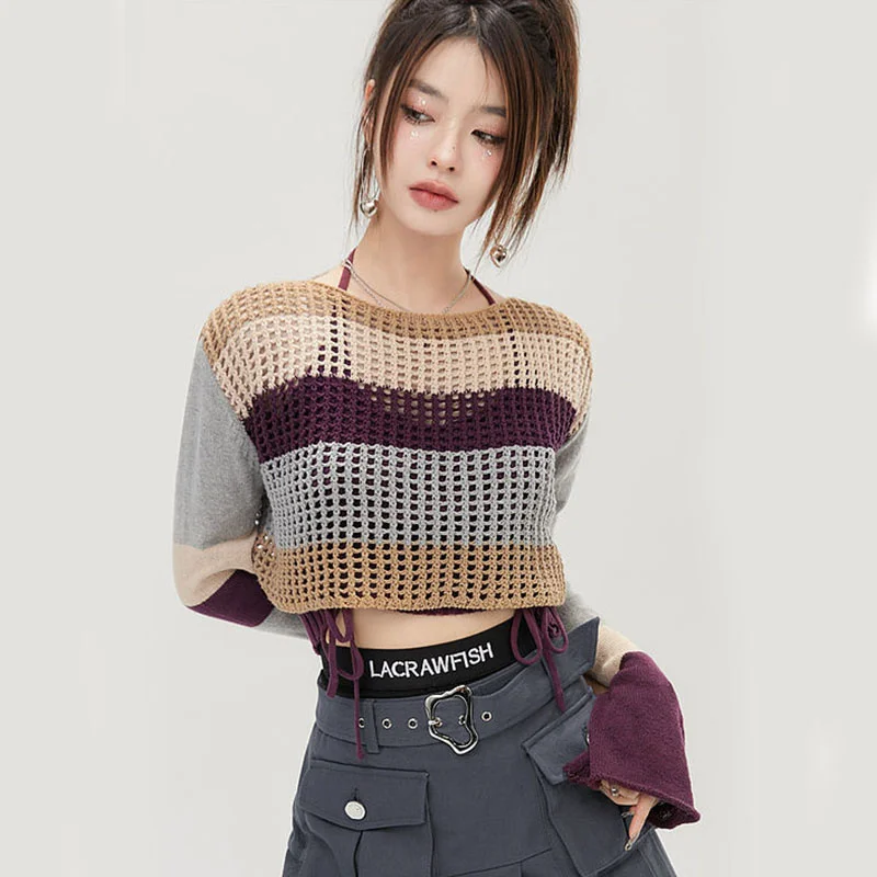 

Y2K Autumn Knitted Two Piece Sets Women Sexy Hollow Out Crop Pullover Vest Fashion Patchwork Slash Neck Long Sleeve Sweater