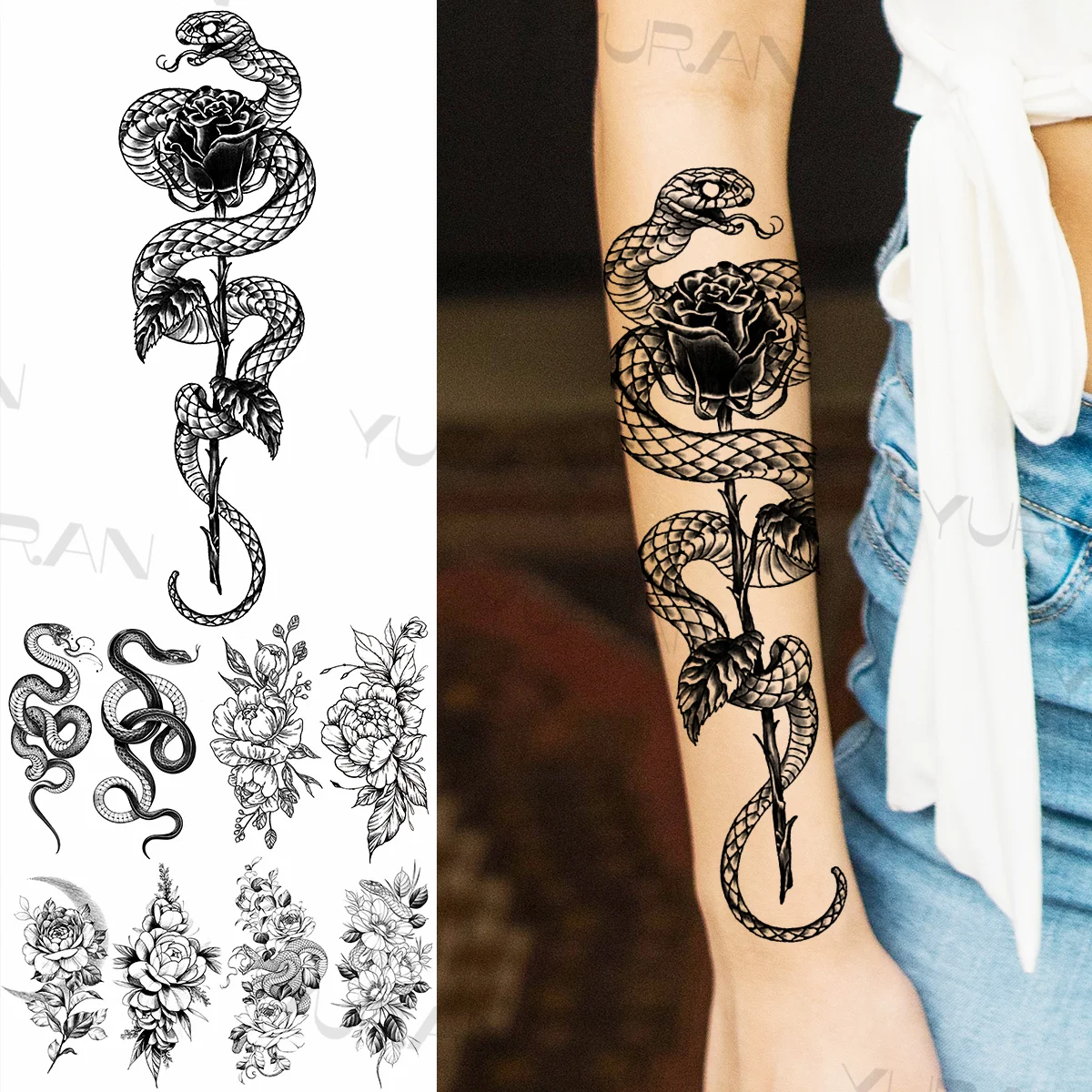 

Временные татуировки для женщин и девушек, цветы розы, змея, Реалистичная змея, флора, Далия, искусственные бриллиантовые татуировки для тел...