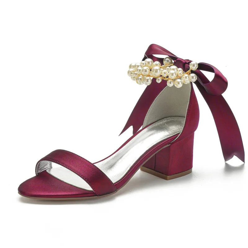 

Women Heels Pearls Wedding Sandals Shoes For Bride Open Toe Mid Heels Ribbon Prom Evening Formal Party Sandals Shoes