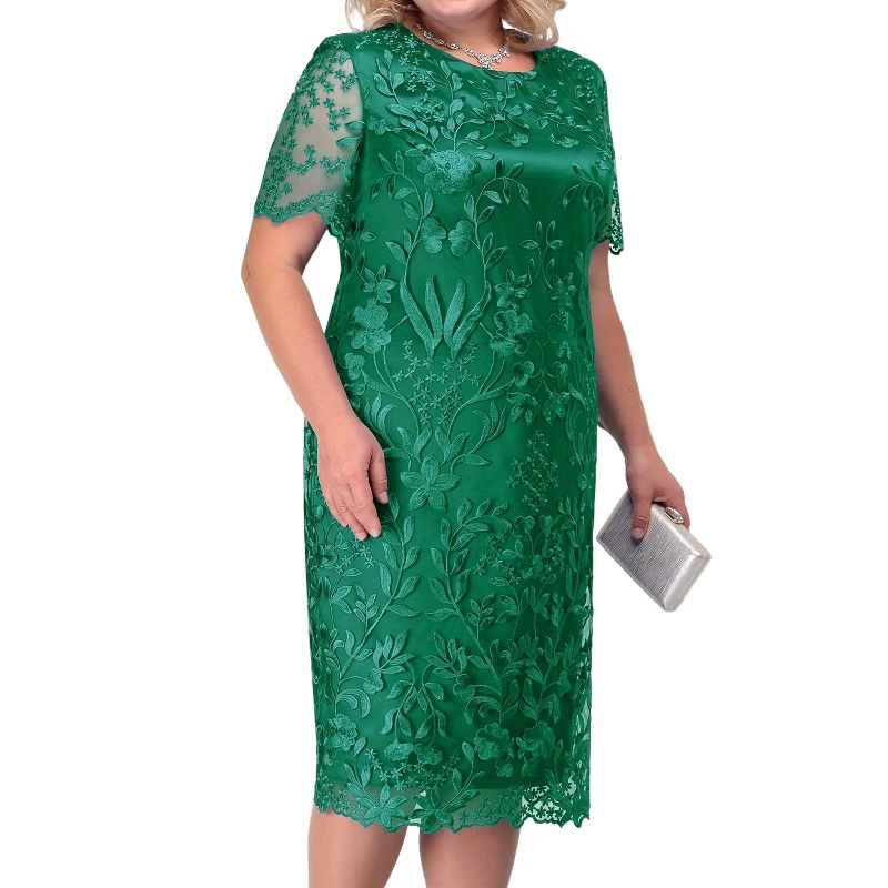 Women Short Sleeve Elegant Lace Plus Size Dress Ladies Round Neck Peplum Dresses For Women 2022 Wedding Party Dress Gowns Outfit