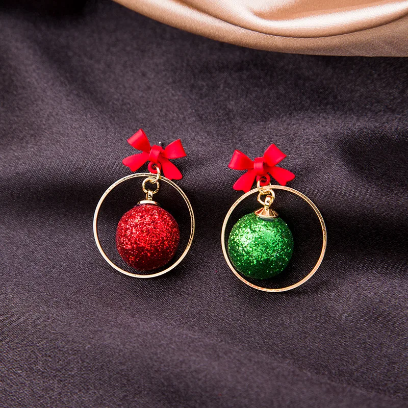 

VSnow Cute Christmas Asymmetric Red Green Round Ball Dangle Earring for Women Red Bowknot Hollow Earring Jewelry Pendientes