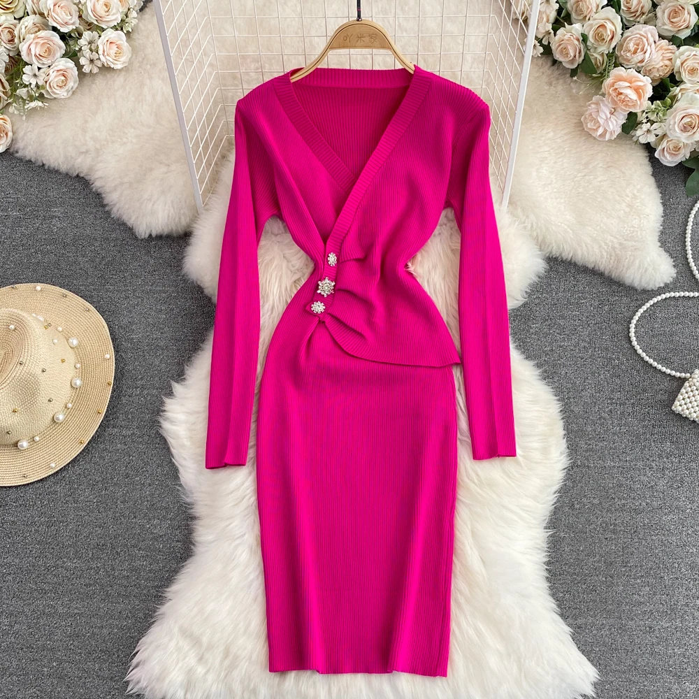 Elegant V Neck High Waist Fashion Bodycon Dress Long Sleeve Sexy Knit Elastic Tight Vestidos Autumn Winter Pencil Sweater Dress