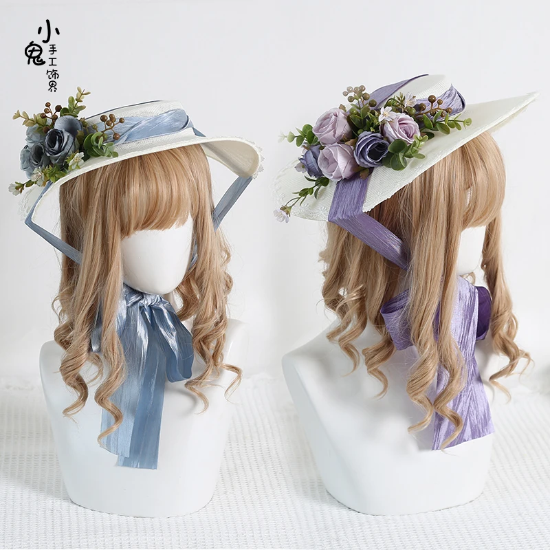 

Rose Flower Lolita Hairpin Mori Girl Pastoral retro oil painting style Flat Hat Elegant Top Hat Gorgeous Bonnet Bowknot hemp hat