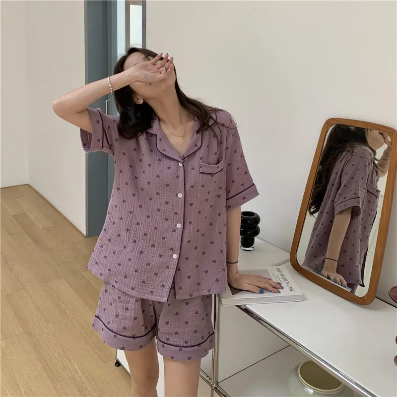 Heart Print Summer Pajamas Set 100% Cotton Single Breasted Shirts + Shorts Suit Sweet Kawaii Sleepwear Loose Homewear Vintage