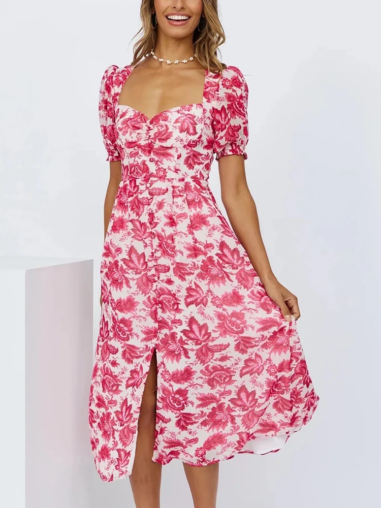 

Trendeez Casual Floral Print Sweetheart Neck Puff Sleeve A-line Midi Dress