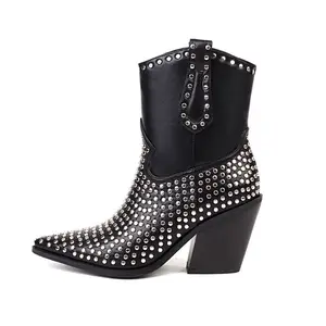 MKKHOU Fashion Short Boots Women New Punk Style Pointed Rivet Western Boots Personality With High-Heeled Women Boots