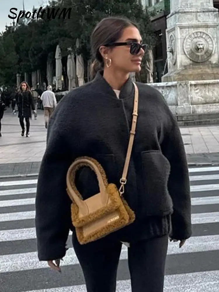 

Женское однотонное теплое шерстяное пальто, Элегантное однобортное теплое пальто с круглым вырезом и длинным рукавом, Повседневная Верхняя одежда с карманами для женщин