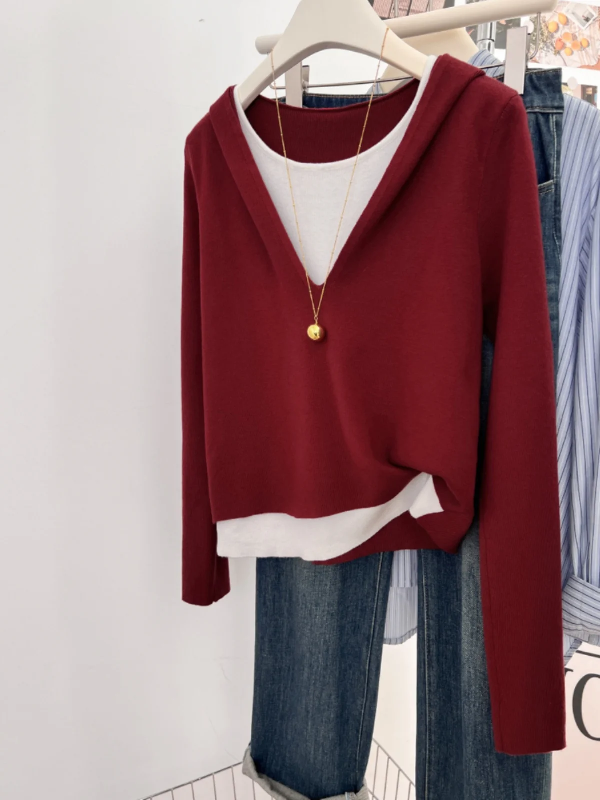 Guangzhou Thirteen Lines Korean Goods Hood Fake Two-Piece Pullover Knit Sweater Women Autumn and Winter Casual All-matching L...