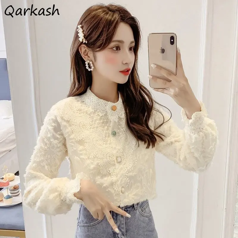 

Lace Blouses Women O-neck Aesthetics Temper Vintage Elegant Hipsters Korean Fashion Inside Basics Ladies Camisas Gentle Spring