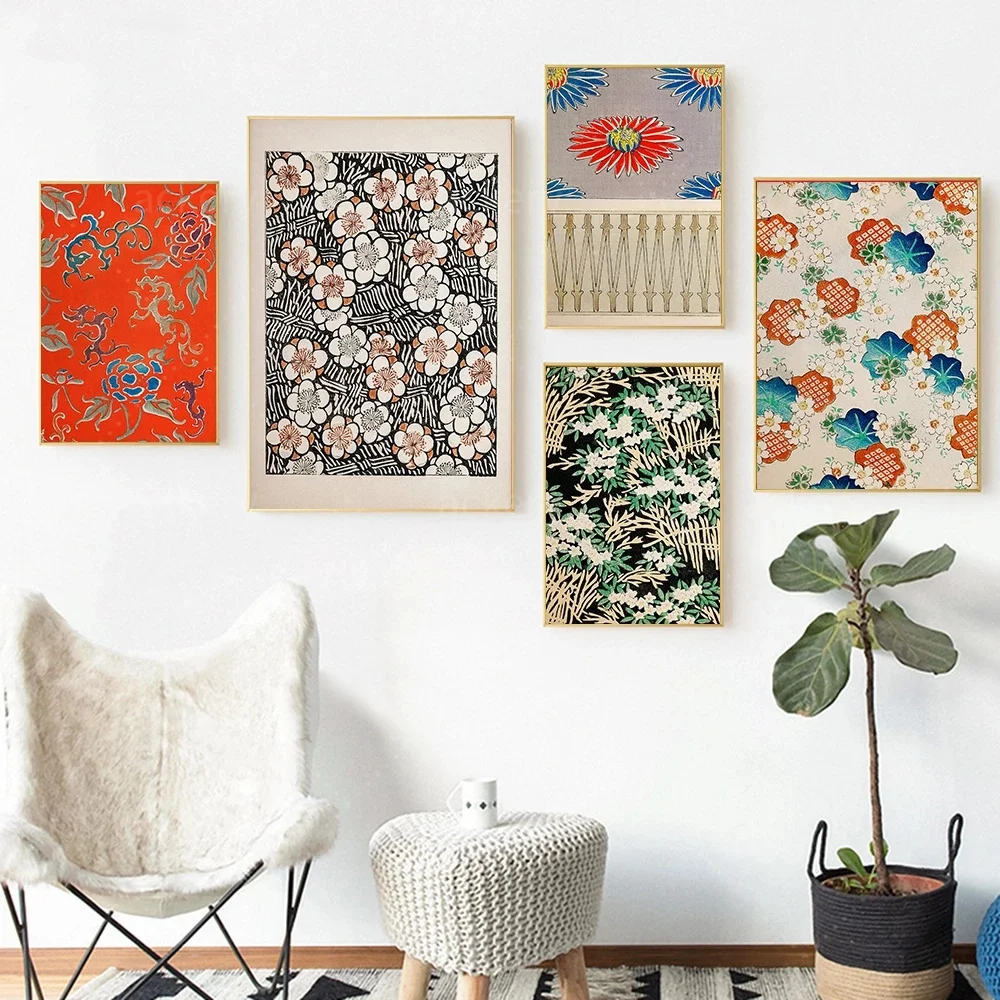 

Vintage Canvas Painting Abstract Colorful Flower Pattern Wall Decoration Oriental Illustration Art Poster Living Room Frame Gift