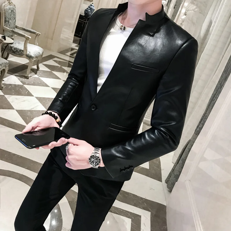 Black Solid Slim Fit Blazer Hombre PU Leather Jacket Men One Button Business Casual Prom Blazers For Men Korean Suit Coat