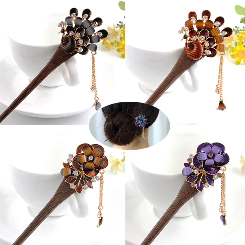 

Vintage Style rocking step handmade wooden hairpin classic national style resin tassel plate hairpin exquisite hair accessories