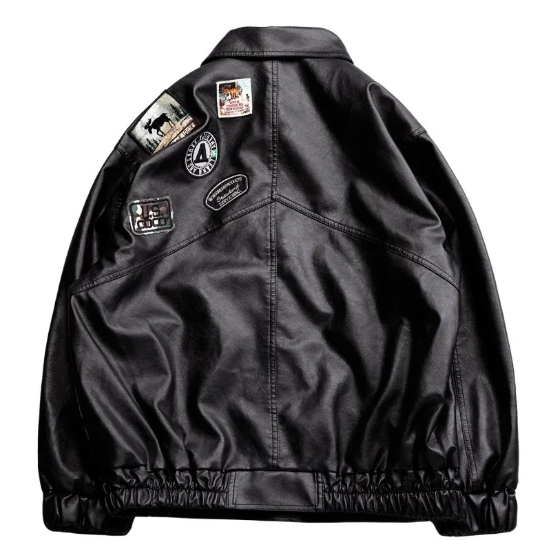 

Leather New Jacket Men Fleece Motorcycle PU Leahter Jackets Embroidery Pattern Turndown Collar Black Windbreaker Size S-3XL Fall