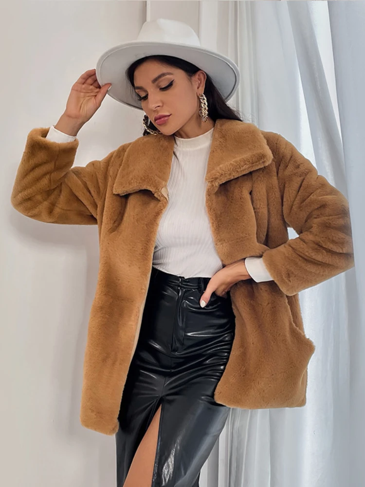 Winter Elegant Turn Down Collar Faux Fur Coats Women 2022 Fashion Ladies Faux Rabbit Fur Coat Fluffy Jackets Long Fur Outwear