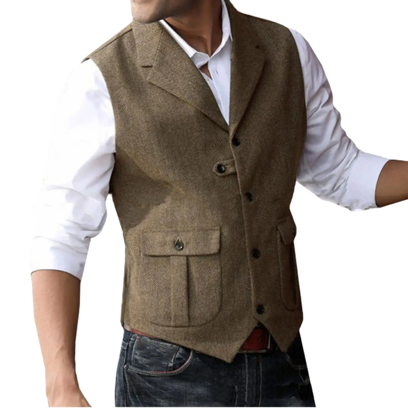 

High Quality Men's Vest Retro V-lapel Herringbone Pattern Single Row Four Button Wedding Party Business Leisure Travel Commuter