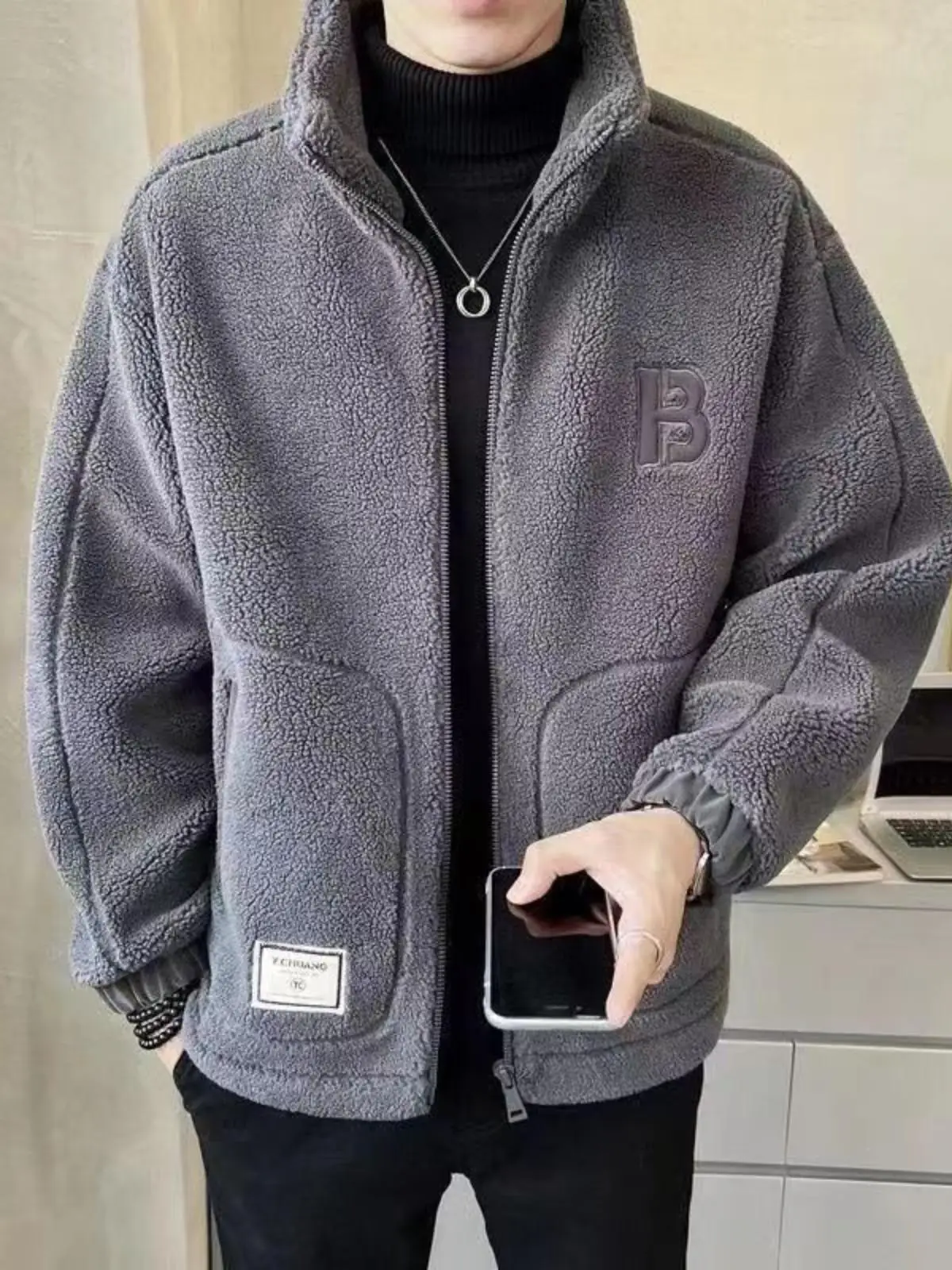 2024 Men's Autumn and Winter New Imitation Outerwear Stand Collar Trend Fleece-lined Thickened Clothing Winter cl...