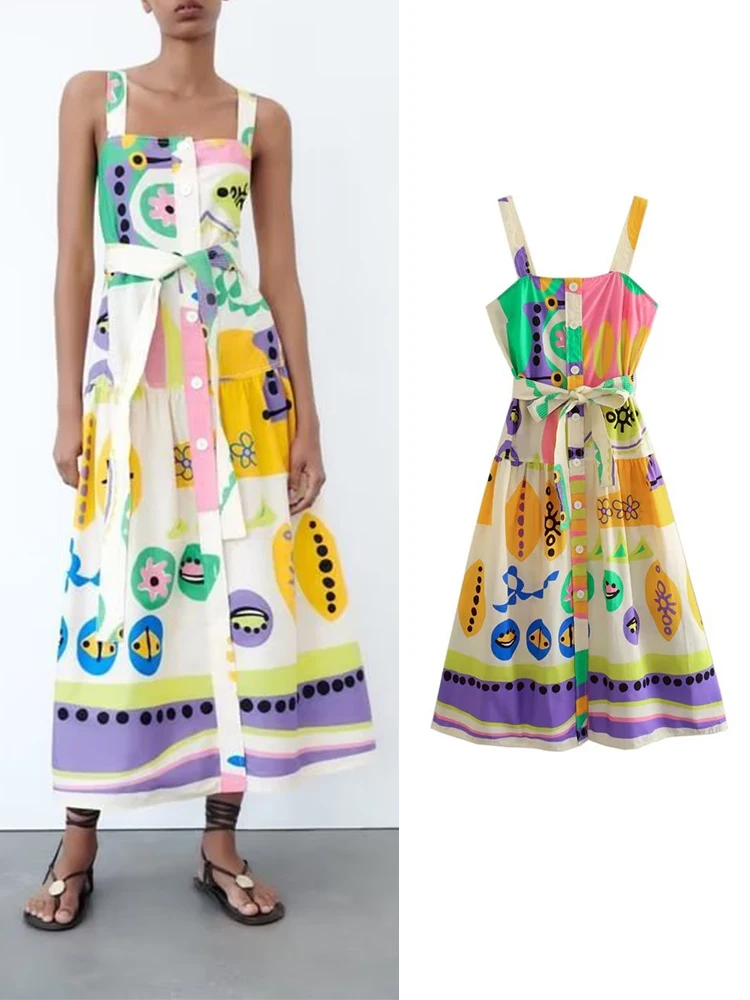 

Платье-миди женское на бретельках с открытой спиной и принтом