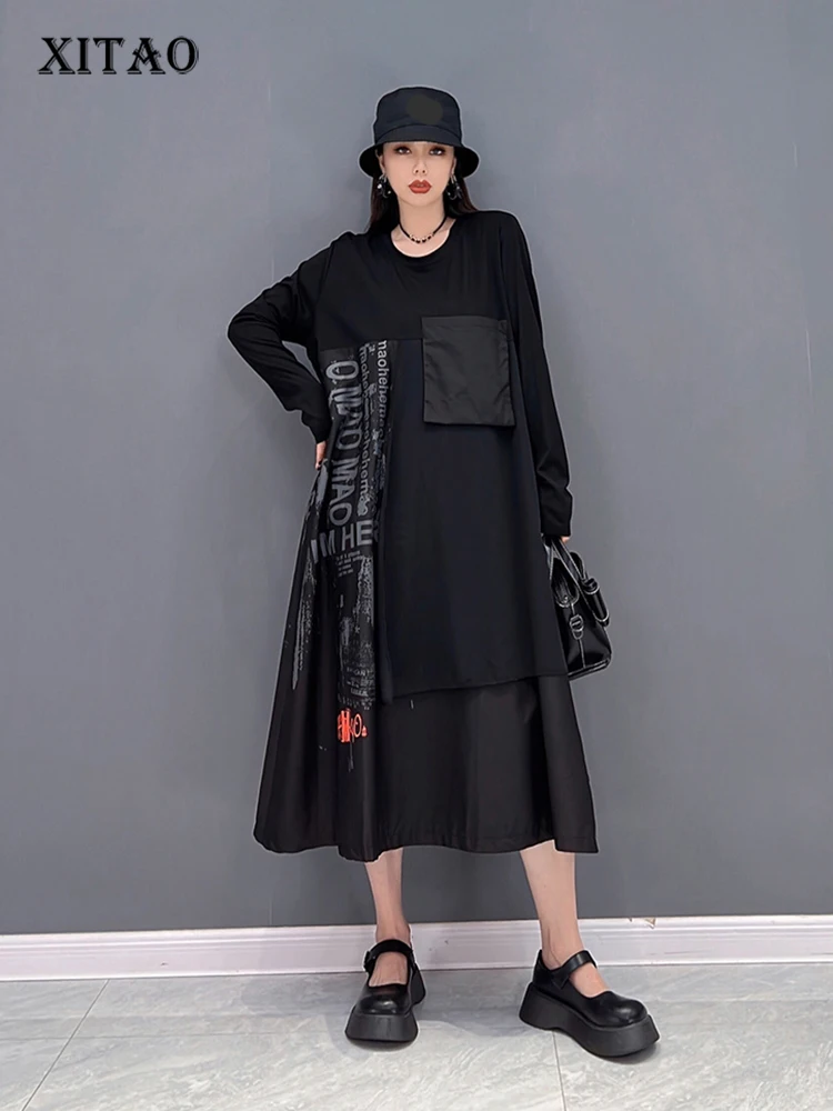 

XITAO Asymmetrical Splicing Dress Loose Fashion Letter Print Loose Hem Long Sleeve Simplicity O-neck Pullover Women WLD6940