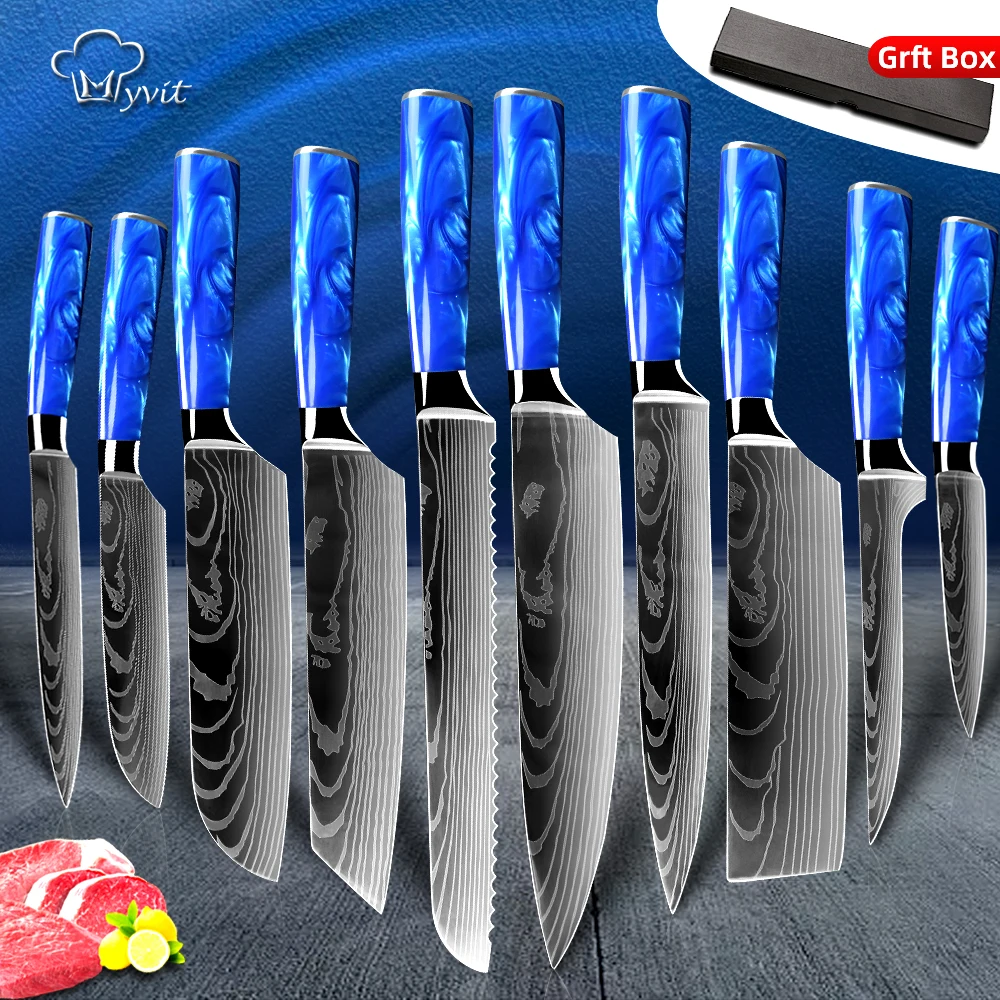 

Набор кухонных ножей, японский шеф-нож сантоку, Мясницкий резак из синей смолы, Ручка 7CR17, с Дамасским узором, в подарочной коробке