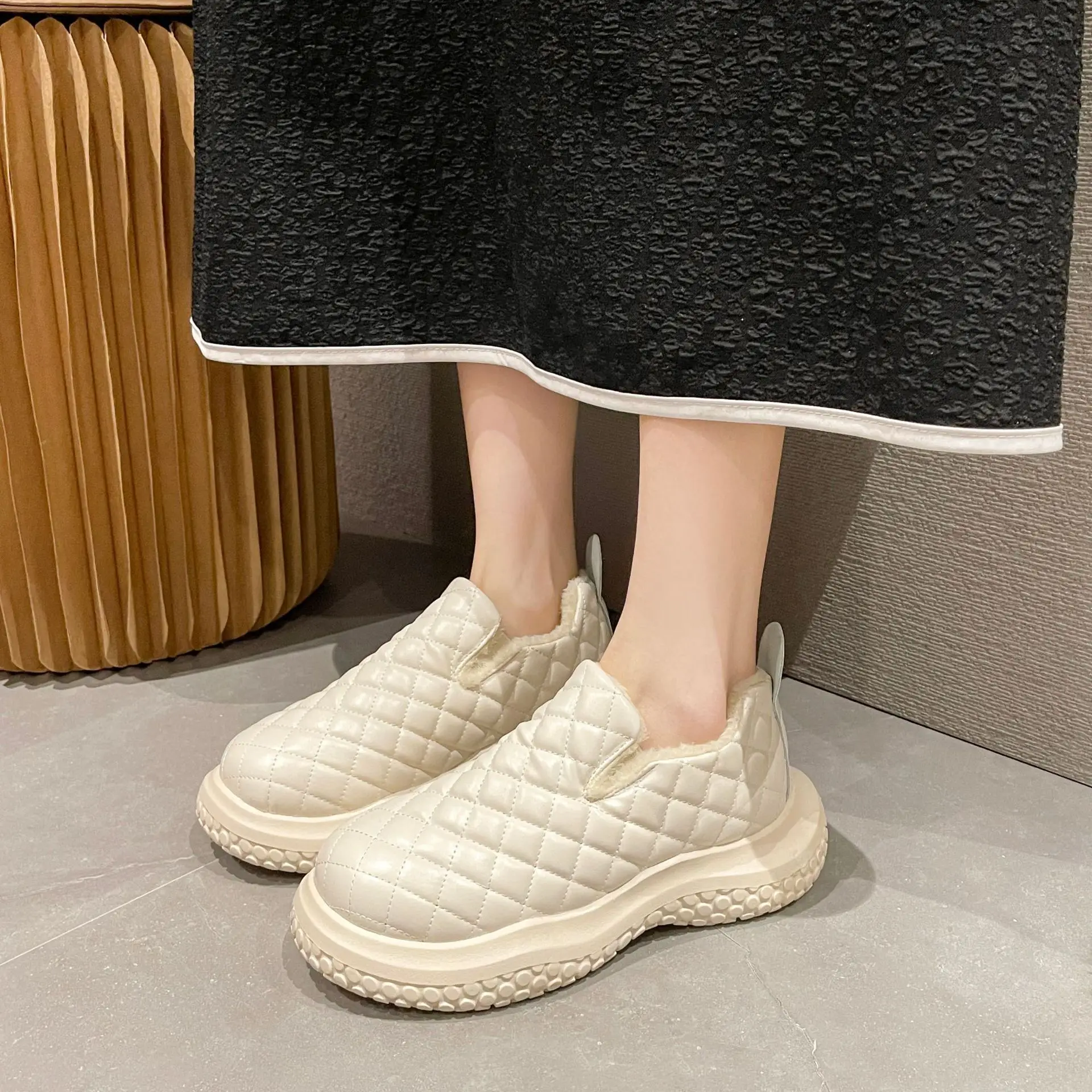Women Flat Shoes  Boots PU Solid Color Short Plush Round Shape Thick Bottom Keep Warm Waterproof and Non Slip