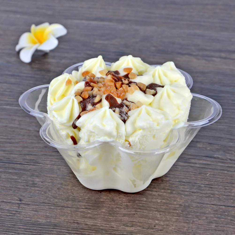 

100pcs Disposable Ice Cream Cup Transparent Plastic Dessert Bowl Petal Shape Container for Bar Cafe Home