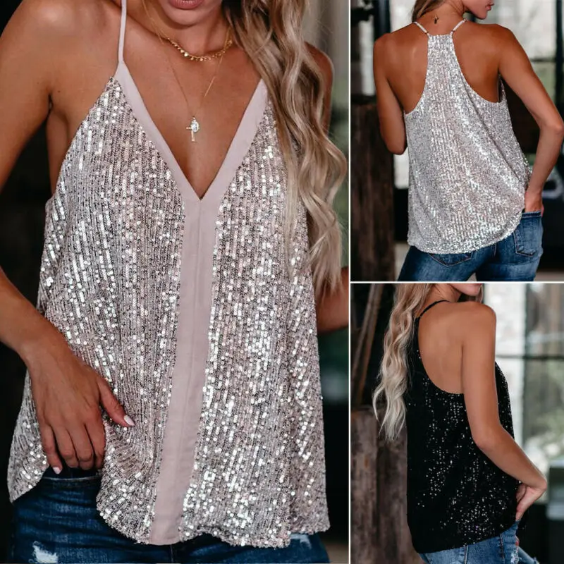 

Women Sexy V Neck Sequin Vest Tops Tees 2022 Spring Summer Casual Loose Tanks Camis Lady Fashion Sleeveless Cocktail Vest Top