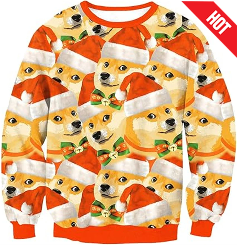 Fashionable 2025 Ugly Christmas Sweater Funny Cat Dog Pattern Sweatshirts Men Cosplay Pullover Boys Crew Neck Sweaters