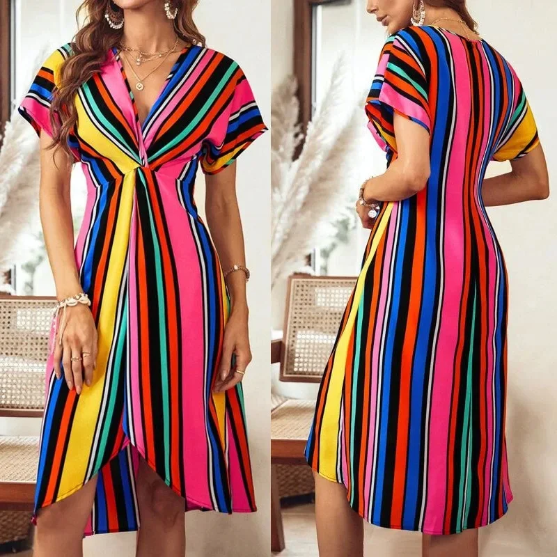 Летнее женское сексуальное платье с v-образным вырезом и завязками красочная