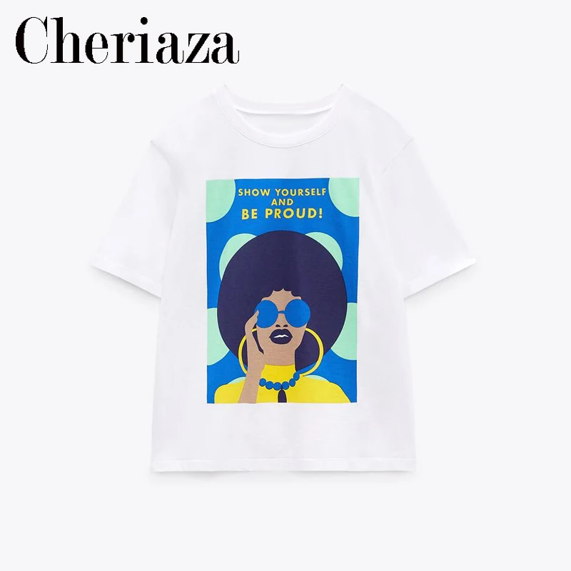 

Fashion 2022 Spring Summer Woman Printing Crew Neck Cotton T-shirt O-neck White Basic Vintage Street Short Sleeve Female