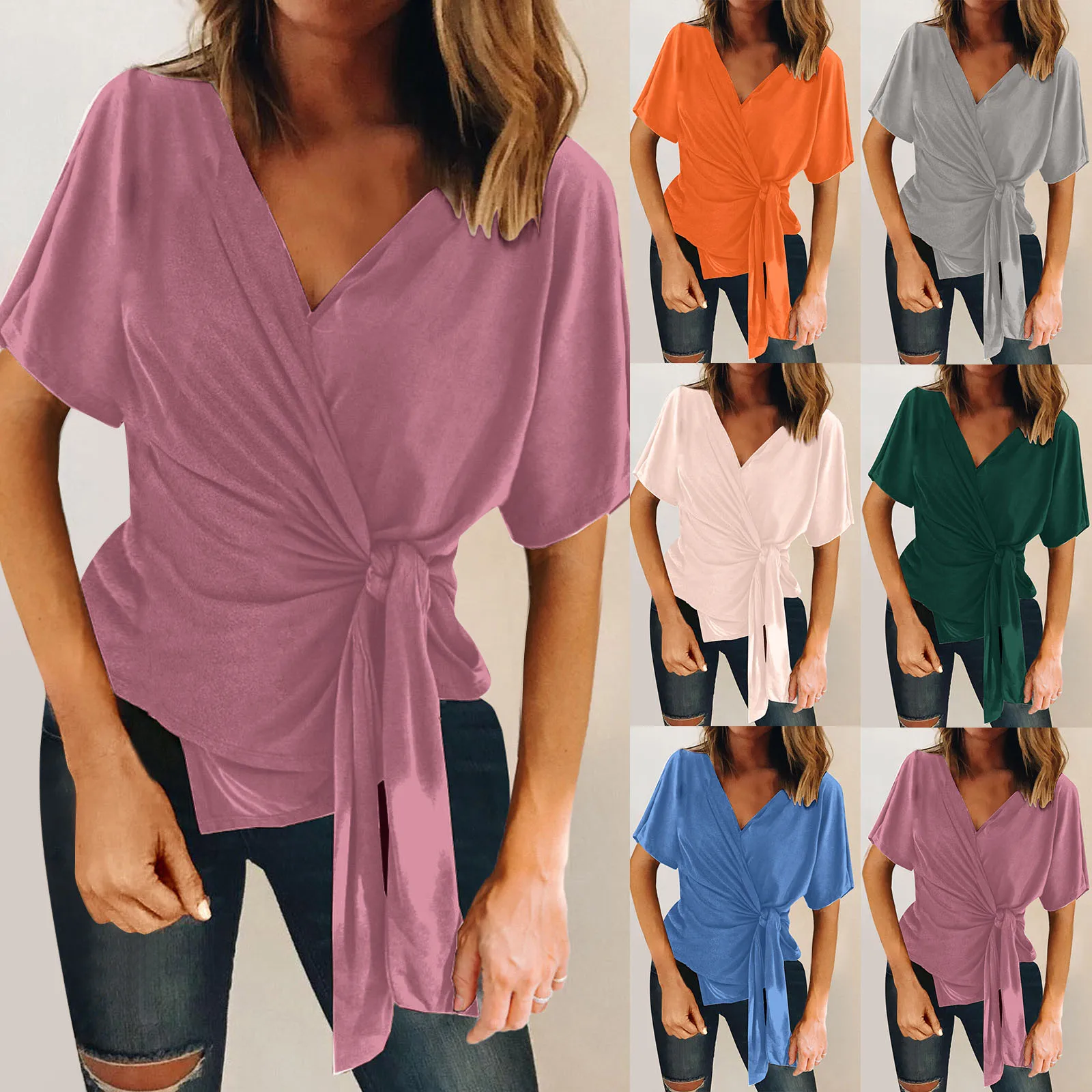 

Женская модная Однотонная футболка с коротким рукавом и V-образным вырезом, повседневные свободные топы, женские футболки на лето