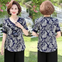 2022 new summer middle aged women elegant floral blouse tops female fashion chiffon bottoming camisetas shirt blusas de mujer