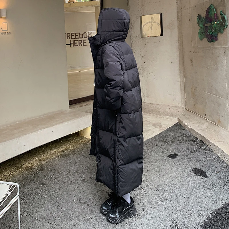 Women's Black Down Jacket Hooded Long Cotton Clothes Winter Warm Thicken Windproof Korean Fashion Loose Oversized Coat Tops