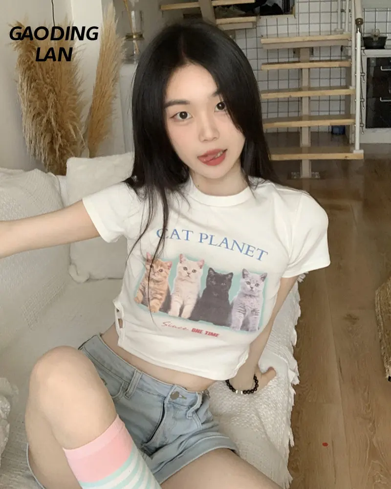 

Женские летние футболки Gaodinglan с надписью и принтом кошки, сексуальные короткие футболки с коротким рукавом и высокой талией, хлопковые топы с открытым пупком для дам