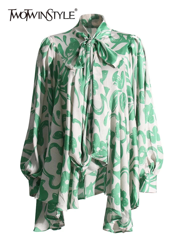 

TWOTWINSTYLE Colorblock Printing Loose Patchwork Lace Up Shirts For Women Stand Collar Lantern Sleeve Casual Shirt Female New