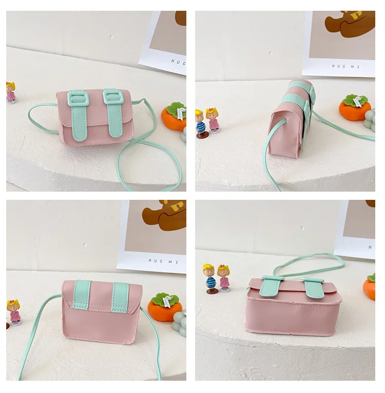 Contrast Color Children's Small Square Shoulder Bag Cute Baby Girls Messenger Bags PU Leather Kids Boys Mini Coin Purse Handbags