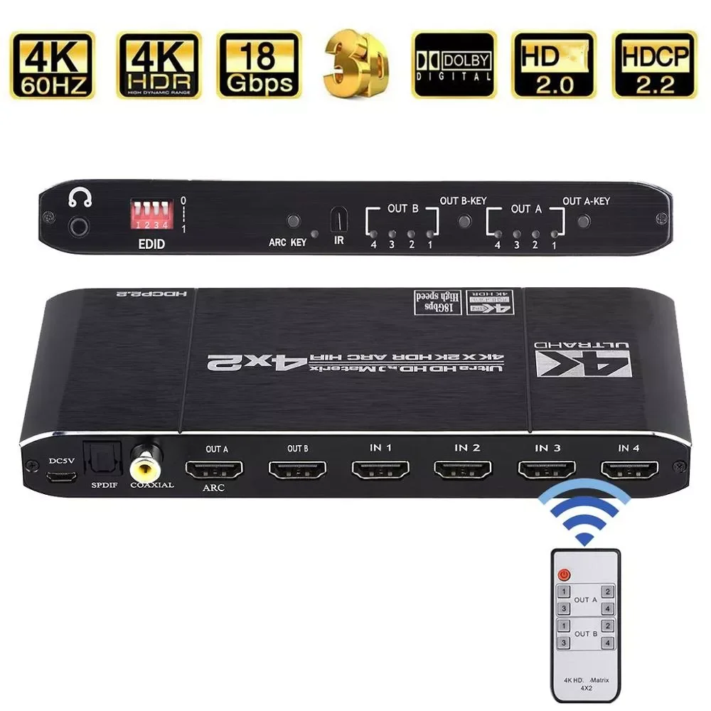 Матричный переключатель kebidu 4x2, сплиттер с SPDIF и L/R, 3,5 мм, HDR, HDMI, совместимый переключатель 4x 2, поддержка HDCP 2,2 ARC 3D 4K @ 60 Гц