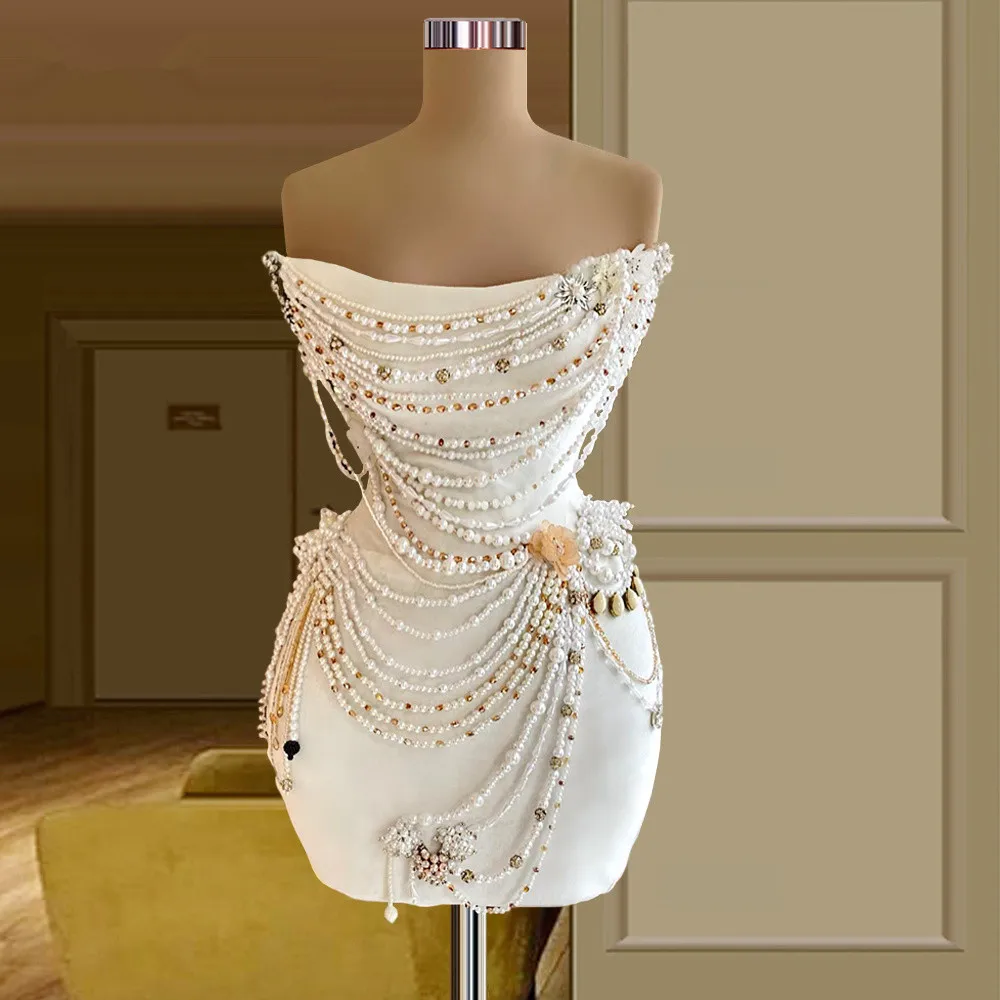 

Luxury Cocktail Dresses Sheath Scoop Short Mini Pearls Elegant Homecoming Dresses Haute Couture