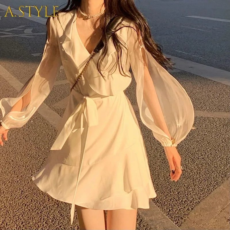 

2021 Summer Elegant Mini Dress Woman One Piece Dress Korean Elegant Party Beach Dress Female Lantern Sieeve Office Lady V-Neck