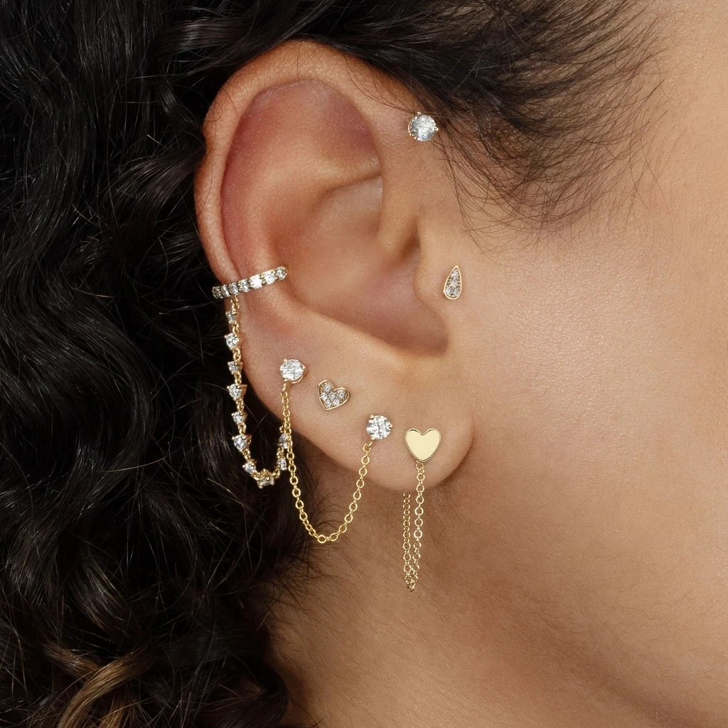 

2022 New Fashion Gold Color Moon Heart Chain Stud Earrings For Women Punk CZ Crystal Tassel Double Small Circle Huggies Jewelry