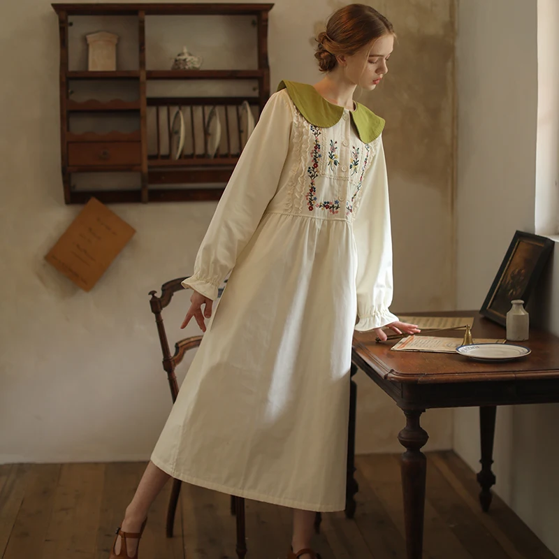 

Женское Хлопковое платье с цветочной вышивкой, свободное милое платье в стиле девушки Мори и Кей из хлопка, обхват груди 110 см, весна-осень