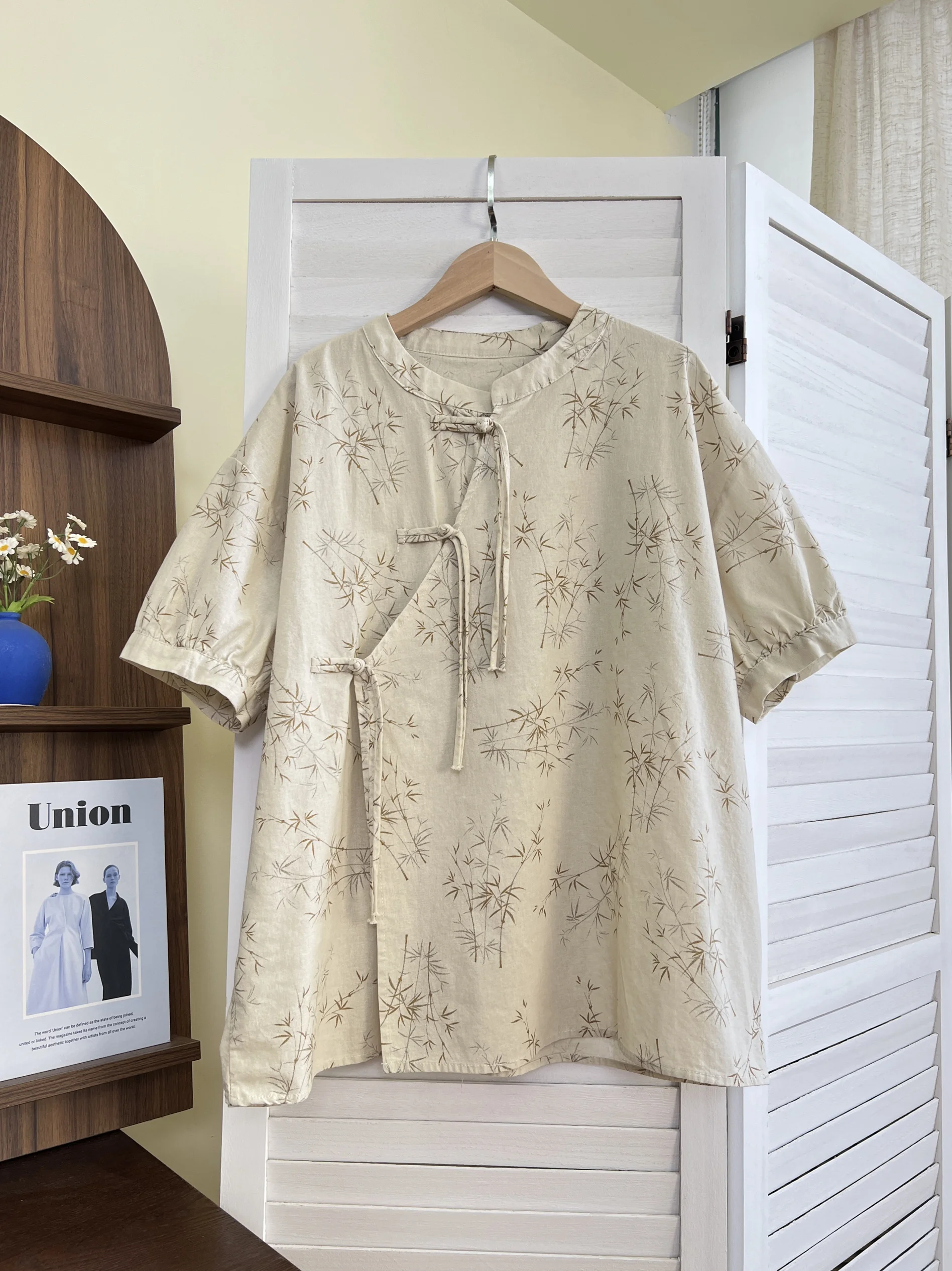 Japan fashion National Sle New Chinese Tassel Buckle Oblique Placket Bamboo Cotton Linen Short sleeve Small Shirt Loo... |