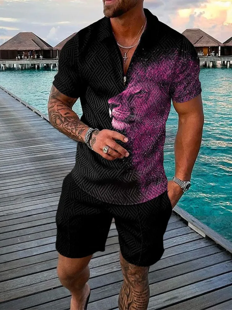 2023 Men's Summer Short Sleeve Shorts Two-piece Abstract Lion Printing T-Shirt Set Men's Clothing Casual Trend